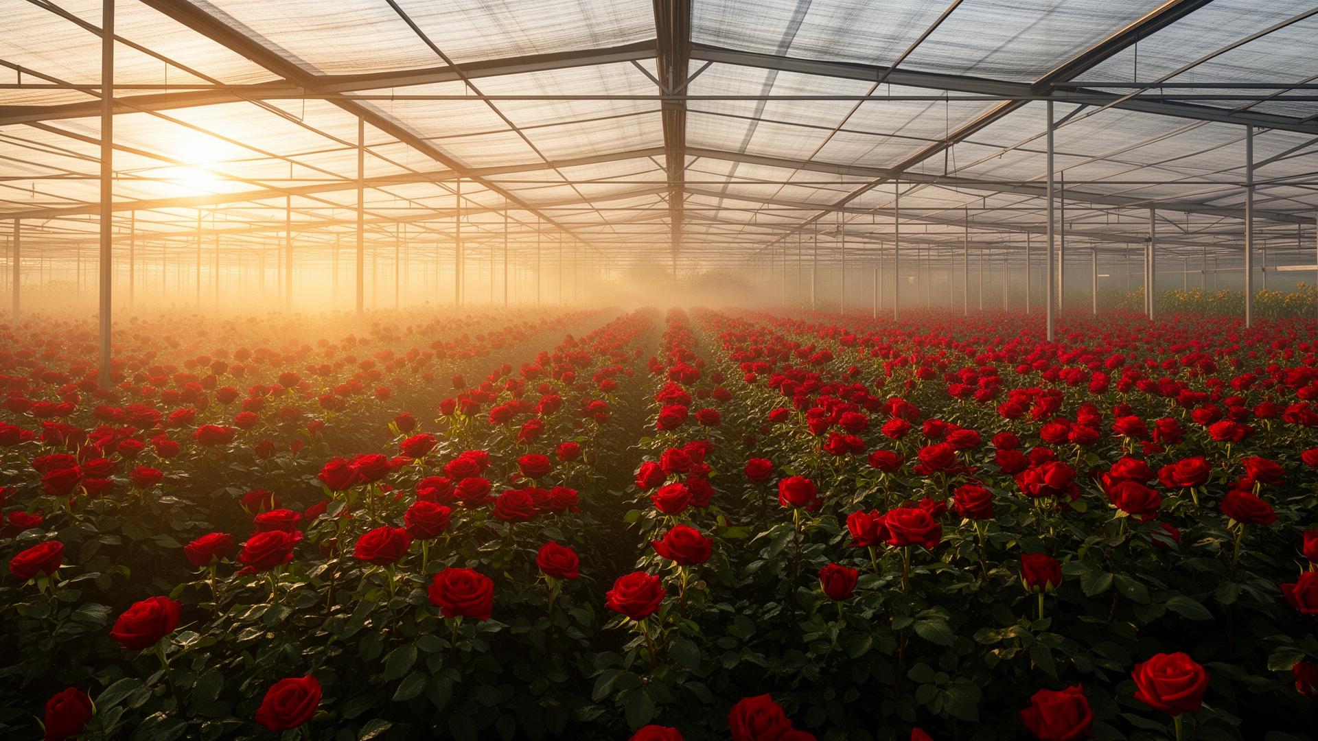 Greenhouse of red roses at sunrise in the Sabana de Bogotá